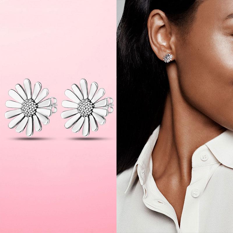 Женские серьги-гвоздики из серебра 925 пробы с кубическим цирконом в форме сердца, круглые серьги-гвоздики с цветком ромашки для женщин, оригинальные модные ювелирные изделия 925 пробы
