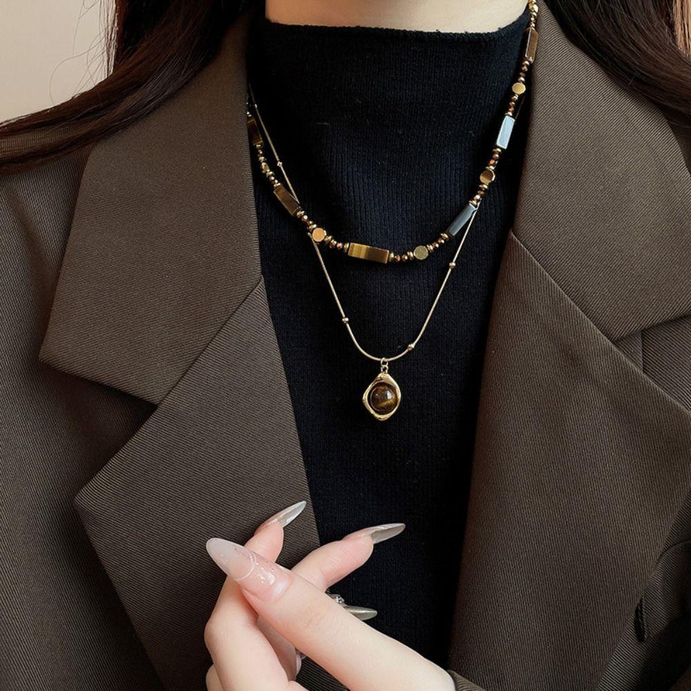 Light Luxury Collarbone Chain Senior Sense Sweater Chain Tiger's Eye Stone Beaded Necklace Winter
