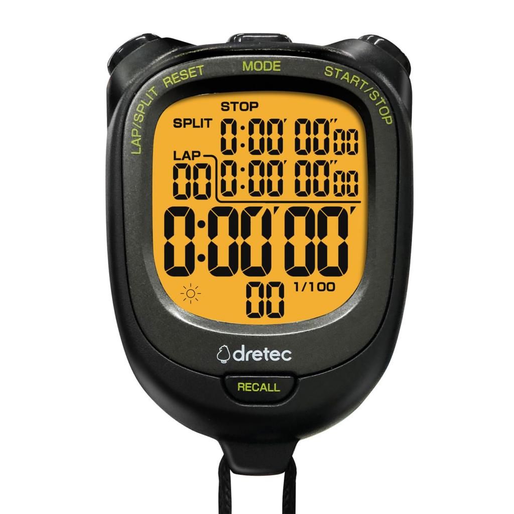 dretec Waterproof Backlit Stopwatch with 100 Memory Large Replaceable Black (IPX7) & 0.01-Second Accuracy, Lap/Split Function, Memories, Countdown,