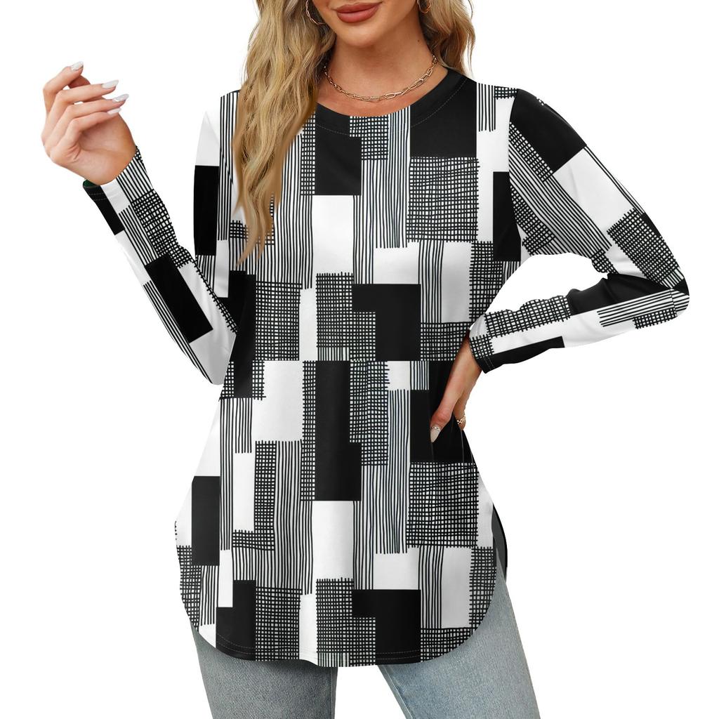 Женские рубашки с длинным рукавом и круглым вырезом, базовые свободные туники с боковым разрезом, повседневные рубашки с цветочным принтом