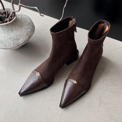 Темпераментные остроносые короткие ботильоны женские новые кожаные ботинки толстый каблук средний каблук эластичные короткие женские ботильоны тонкие ботинки