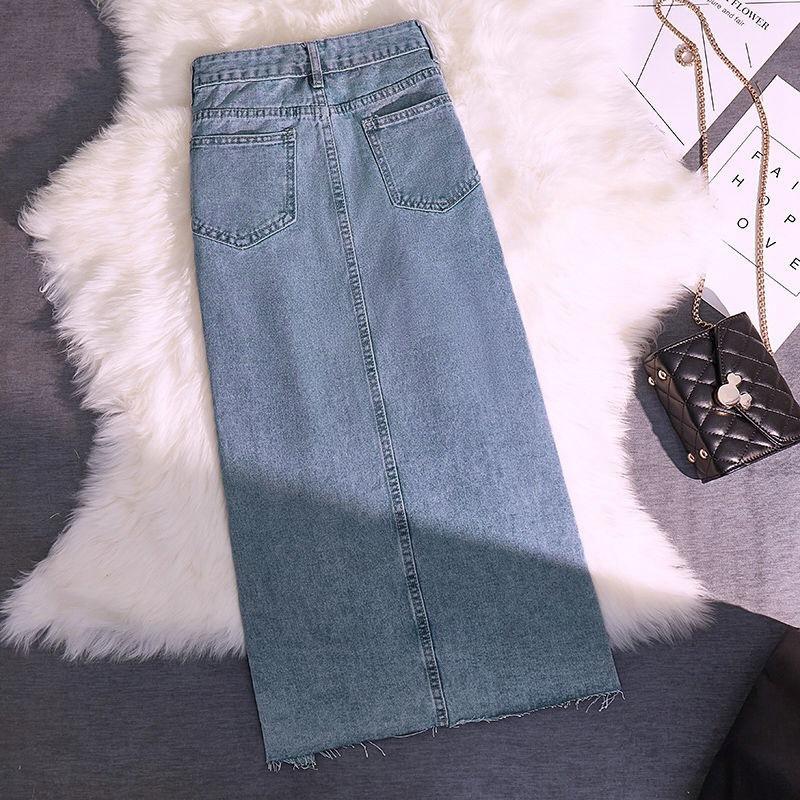 Pocket Denim Skirt Female Loose Design Sense Side Split High Waist Thin Burlap Bustier Skirt Female Versatile Comfortable Fashion Denim Bustier Skirt