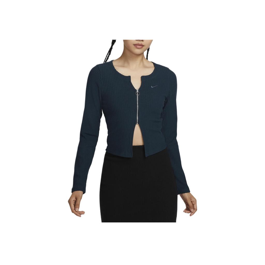 Nike Однотонный удобный облегающий свитер с застежкой-молнией в рубчик, женский свитер темно-синего цвета FN3683-478