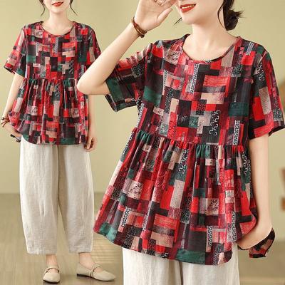 Хлопок, лен, большой размер, короткий рукав, принтованный топ, летняя ретро-художественная футболка, свободная круглая горловина, маленькая рубашка, утягивающие футболки для женщин