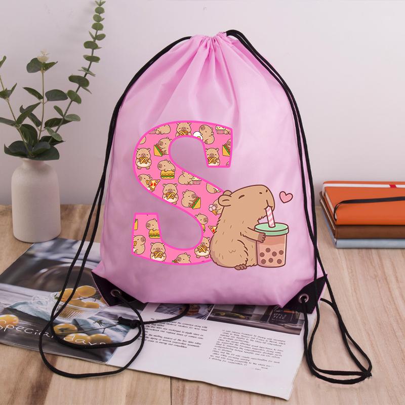 Capibara Girls Drawstring Backpack Cute Capybara Letter A-Z Storage Bag Kids Outdoor Sport Travel Rucksack Children Gifts