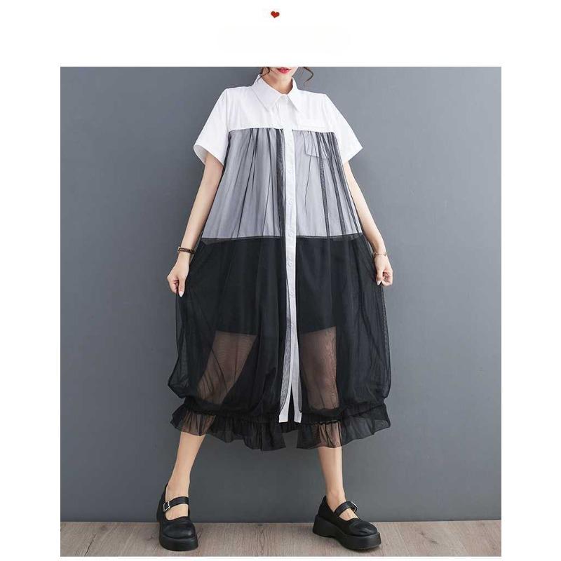 Ladies' Fashion Mesh Splicing Shirt Skirt Loose Casual Dress