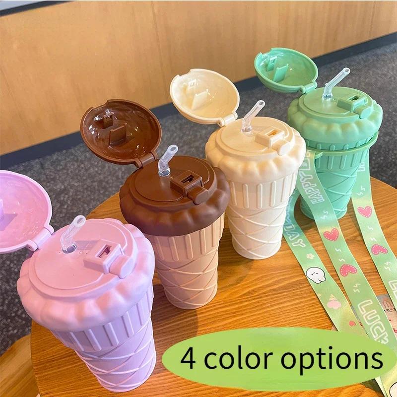 500ml Drink Bottle with Straw Ice Cream Shape Drinking Water Bottle Leakproof with Adjustable Strap Cute Water Bottles for Girls