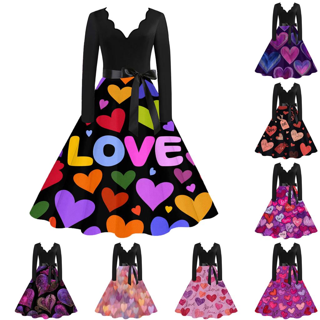 Женское повседневное модное платье с V-образным вырезом и принтом ко Дню святого Валентина в ретро-стиле