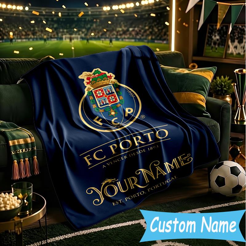 Custom Name FC Porto Emblem Design. Flannel Blanket, Use for Birthday/Holiday Gift, Soft Blanket for Sofa/Bed/Camping/Office, Home Decor