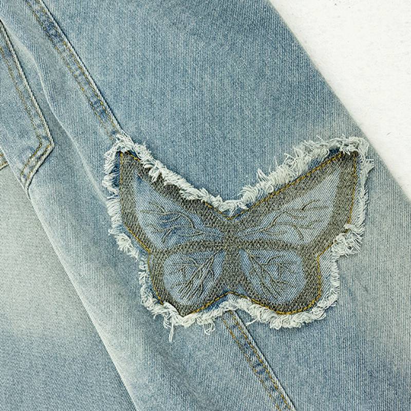 Джинсы для девочек 5-13 лет, свободные, с вышивкой бабочки, повседневные, широкие