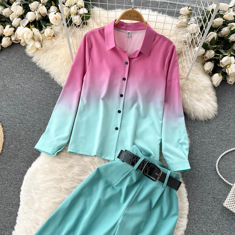 RUGOD Европейская и американская мода подходит женским градиентным рубашкам с длинными рукавами, женским повседневным прямым широким брюкам