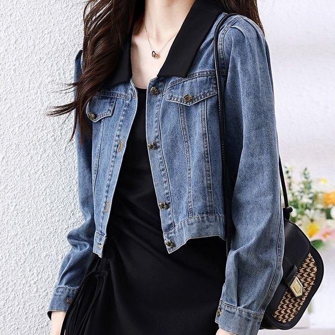 Cropped Denim Jacket Women Korean Fashion Back Split Buttons Up Bomber Jacket Female Lapel Long Sleeve Jeans Coats