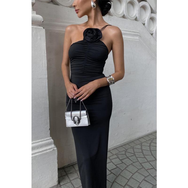 Платье женское длинное на бретелях с косым плечом, в стиле знаменитости и королевской сестры, модное, украшенное цветами, приталенное