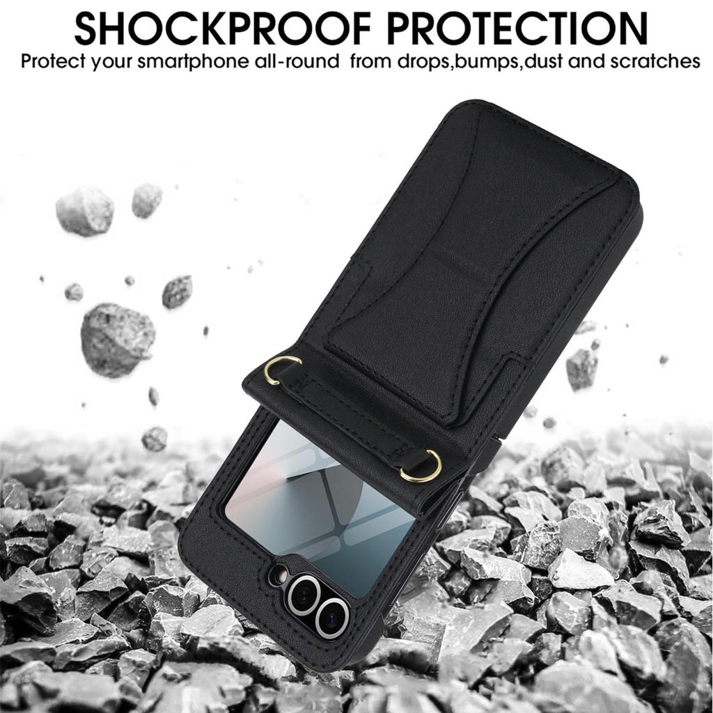 Кожаный чехол-кроссбоди для Samsung Flip6/7 с отделением для карт и защитой из закаленного стекла