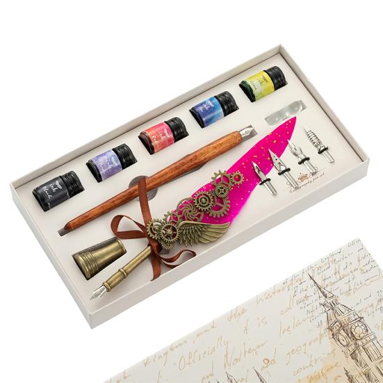 1 Set Useful Gear Decoration Exquisite Fadeless Comfortable Grip Feather Pen Kit for Office Quill