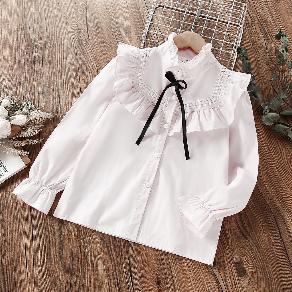 Детские школьные рубашки с рюшами для девочек, блузки, белая хлопковая весенне-осенняя детская одежда с длинными рукавами для подростков 8, 10, 12, 13 лет