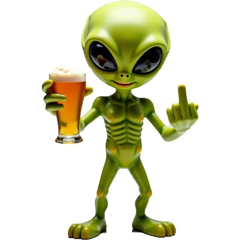 1Pc Funny Alien Statue Sculpture - Resin Beer Drinking Alien Resin Vivid Expression Waterproof For Garden Middle Finger Alien