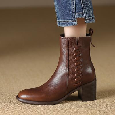 Мода 2024 НОВЫЕ Осенние Женские Сапоги Обувь из Натуральной Кожи для Женщин Круглый Носок Массивный Каблук Молния Современные Сапоги Ручной Работы Короткие Сапоги