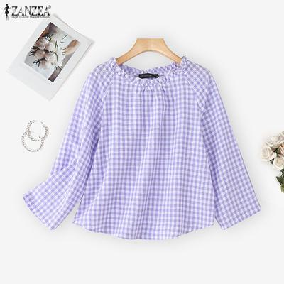 Женская повседневная блузка с клетчатым принтом, круглым вырезом и длинными рукавами