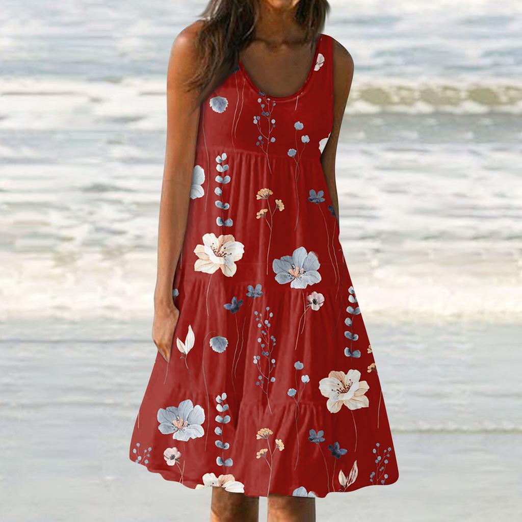 Женские платья-жилеты Лето-весна Плиссированные богемные платья Симпатичные струящиеся пляжные платья без рукавов Прямая футболка Платья-майки Платья с круглым вырезом