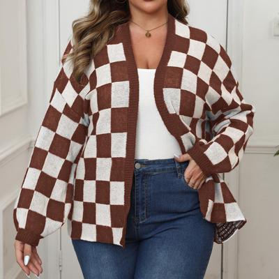 Женский шерстяной кардиган плюс плюс женский контрастный цвет пэчворк клетчатый свободный повседневный свитер куртка