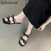 Fashion SUOJIALUN 2025 Summer New Brand Women Slipper Fashion Bow-knot Square Toe Slip On Ladies Slides Shoes Flat Heel Beach Sandal Sho