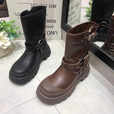 Модные новые туфли для женщин, женские сапоги без застежек, осенние, с круглым носком, с пряжкой, на платформе, водонепроницаемые, до середины голени, в стиле вестерн