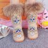 Winter Snow Boots Women Fur Rhinestone Handmade Warm Flat Mid-Calf Boots Genuine Leather Comfortable Casual Shoes