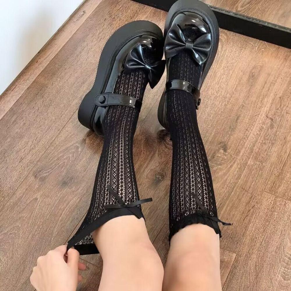 Носки из черного кружева в стиле Y2K, ультратонкие носки до колена, носки с оборками в японском стиле, платье