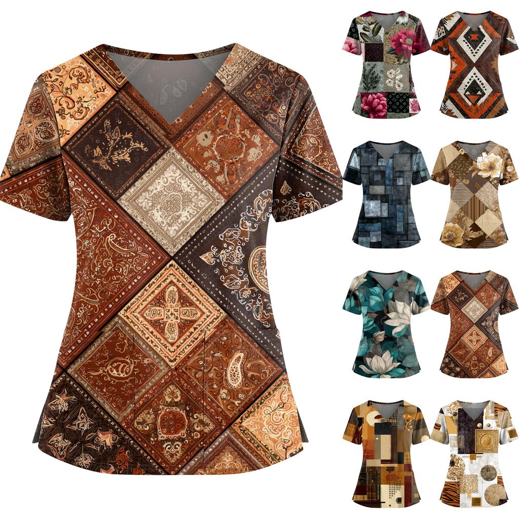 Women's Retro Printed V-Neck Double Pocket Short Sleeves Hem Slit Uniform Caregiver Top