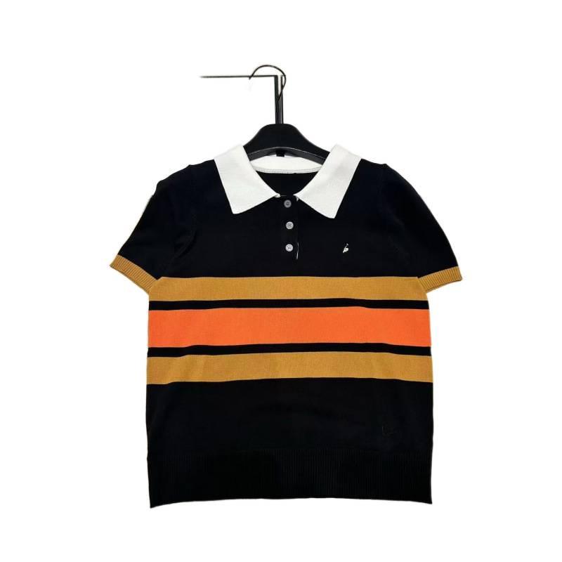 Little Horse Striped Lapel Knit Top: Casual Summer 2026 Short Sleeve