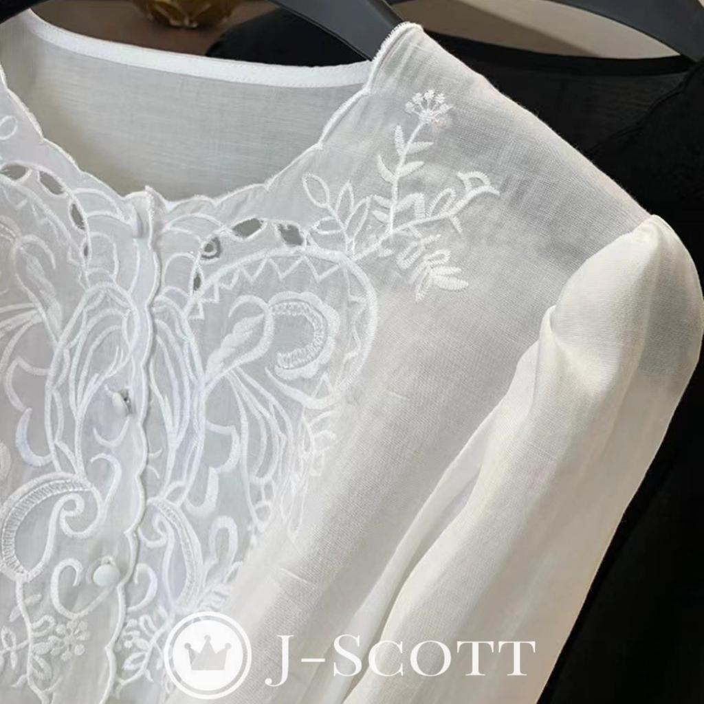 Блузка из вышитого шифона J-Scott с ботаническим принтом, рукавами-буфами, длинными рукавами, фестончатым дизайном, белая (JS86-WH-XL) (Ограниченный запас)