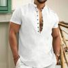Summer New Cotton Linen T-shirt for Men Solid Color Half Button Henley Neck Casual Cozy Simple Style Button Tops