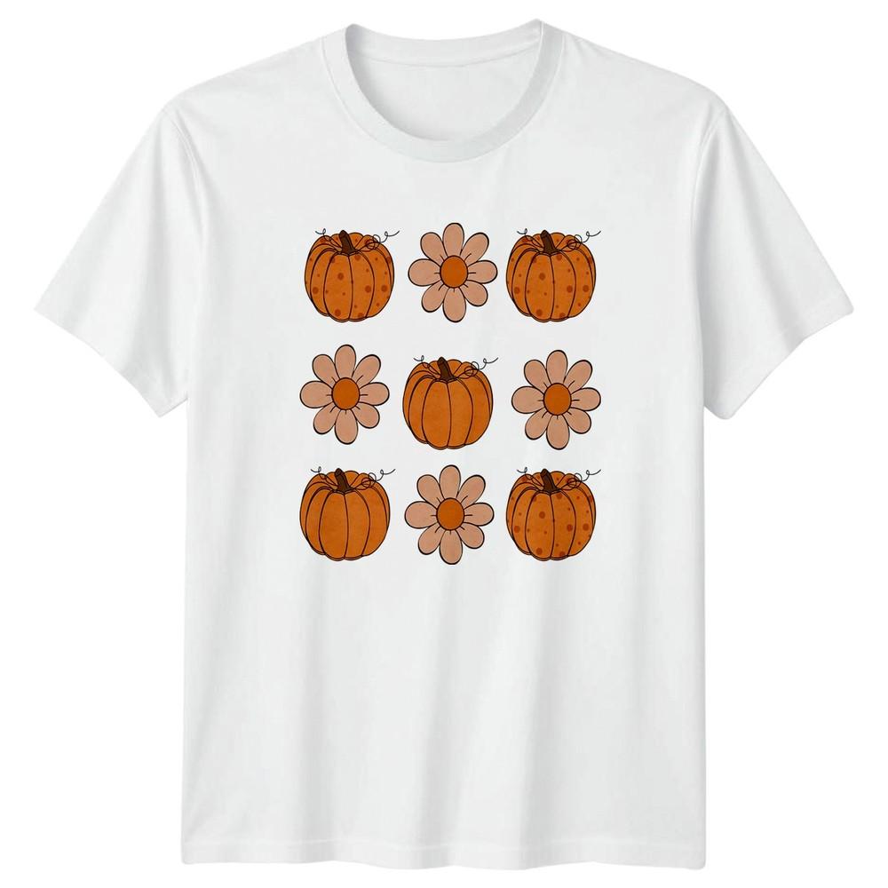 Retro Pumpkin Daisy Pattern Unisexs TShirt Fall Thanksgiving Gift For Her