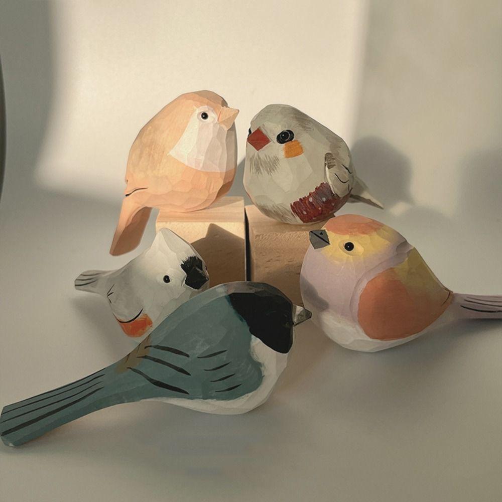 Handmade Small Bird Ornament Cute Wooden Bird Figurine Creative Wood Carving Bird Children's Toys