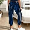 Women Plus Size Dark Blue Printed Jogger Pants Drawstring Waist Side Pockets Cuffed Ankle