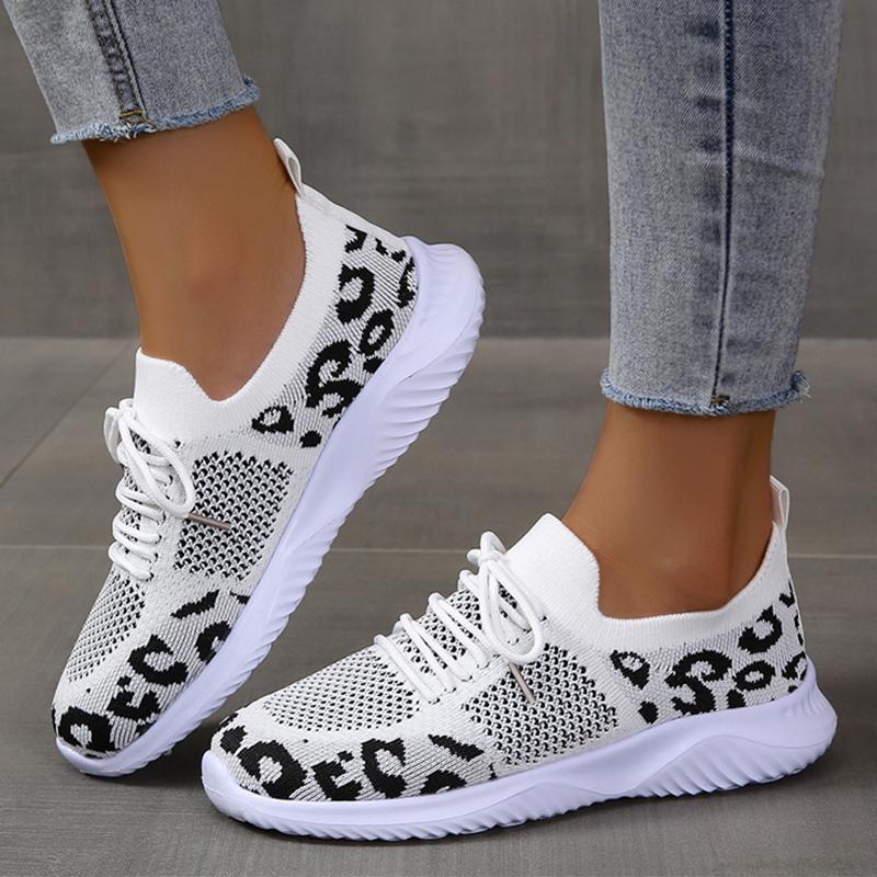 Fashion Women Sneakers for Mesh Breathable Soft Sole Shoes Comfort Lace Up Flat Loafers Fashion Leopard-Print Sport Casual Shoes