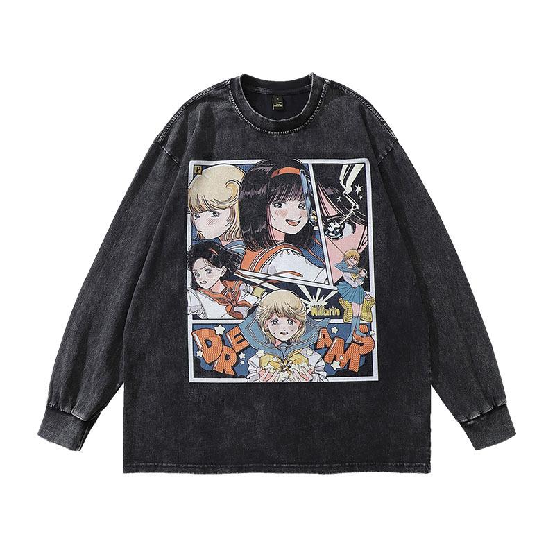 European And American Hip Hop Retro Old Long-Sleeved T-Shirt Men And Women Oversize Street Trendy Brand Couple Vintage Base