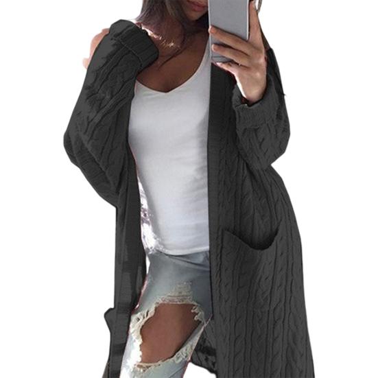 Knitted Coat Double Pockets Warm Skin-Touch Trendy Cardigan Style Pure Color Mid-Length Sweater Female Knitwear