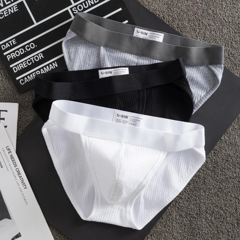 Мужские трусы-слипы в рубчик из чистого хлопка - Однотонные, Дышащие, Влагоотводящие, С высоким вырезом, С большим гульфиком, Четыре сезона.