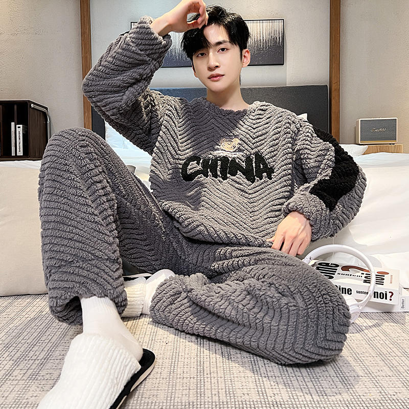 Толстая фланелевая мужская пижама, комплект на осень-зиму, плюс бархатная утолщенная пижама с длинными рукавами, теплая домашняя одежда