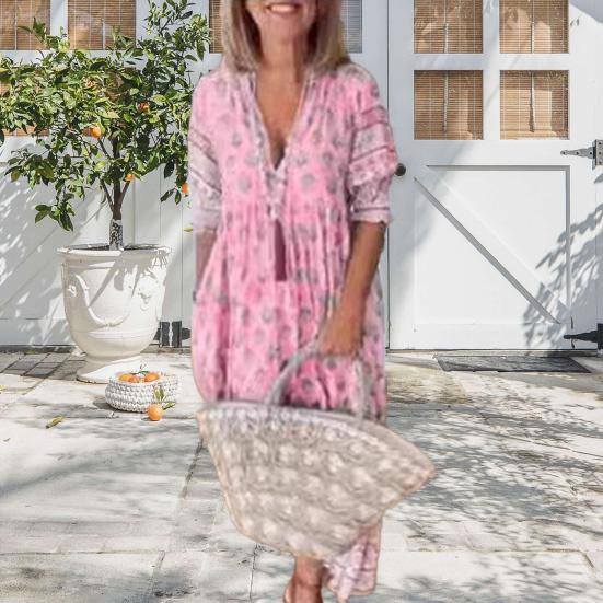 Yousheng Summer Spring Maxi Dress V Neck Bohemian Style Lantern Sleeves A-line Big Swing Pleated High Waist Printing Dress