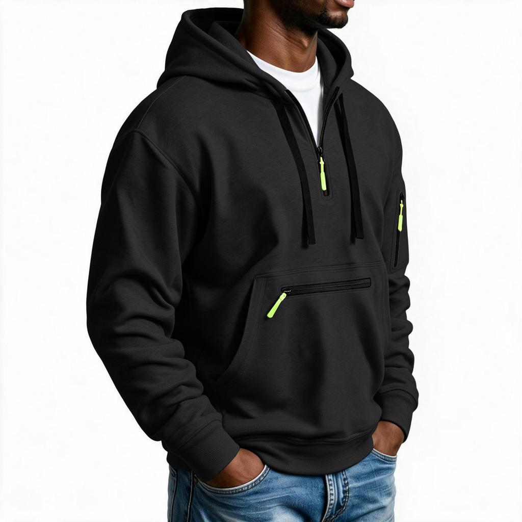 Men's Half Zip Hoodie with Decorative Pockets for Outdoor Sports and Casual Wear