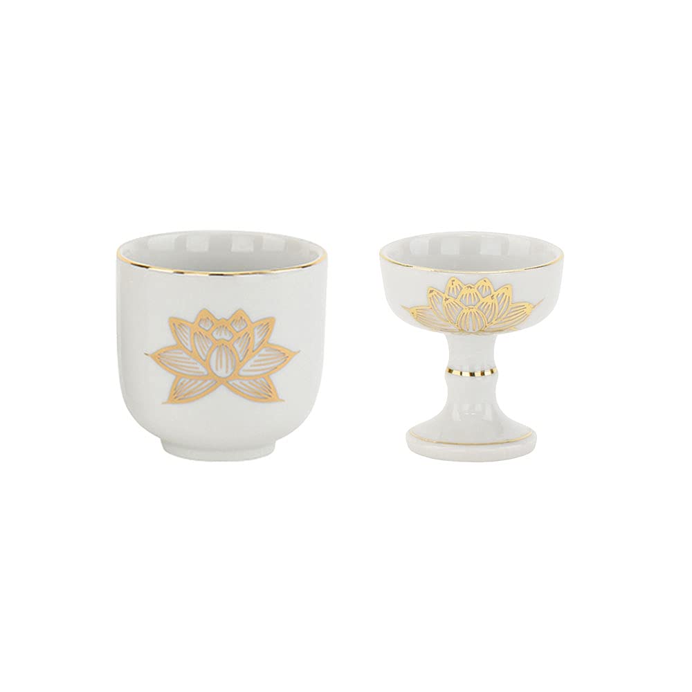 Hasegawa Buddhist Altar Set (2 Pieces, Including Rice Bowl and Teacup) (White Gold LotusSmall) Made In Japan Buddhist Rice Bowl, Teacup (WhiteGolden