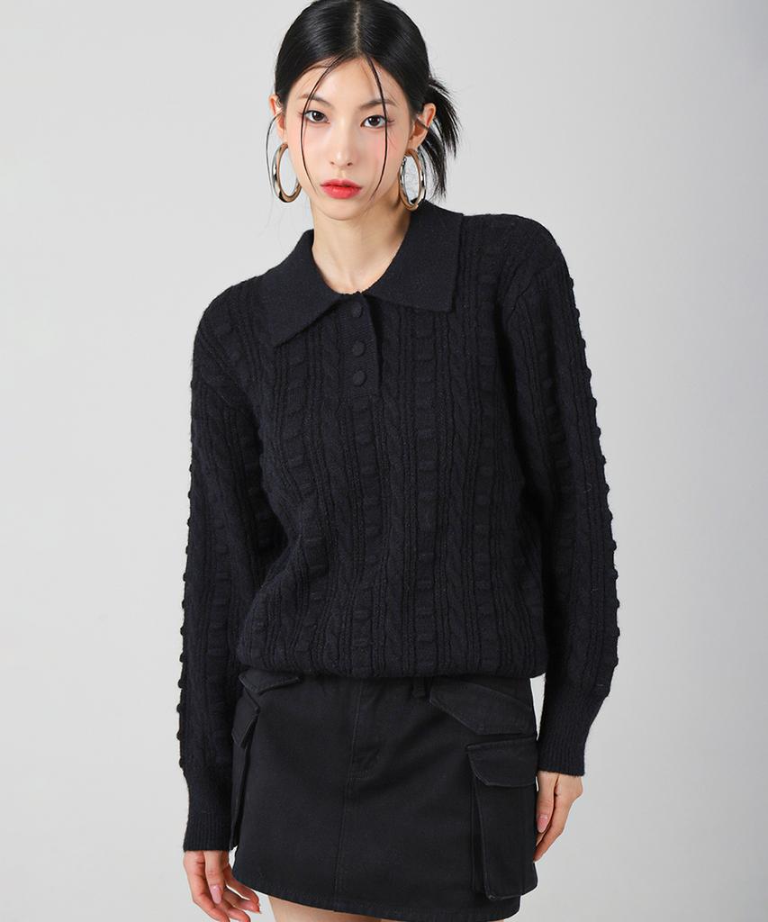 AVANDRESS Lumpy Collar Button Knit Blue