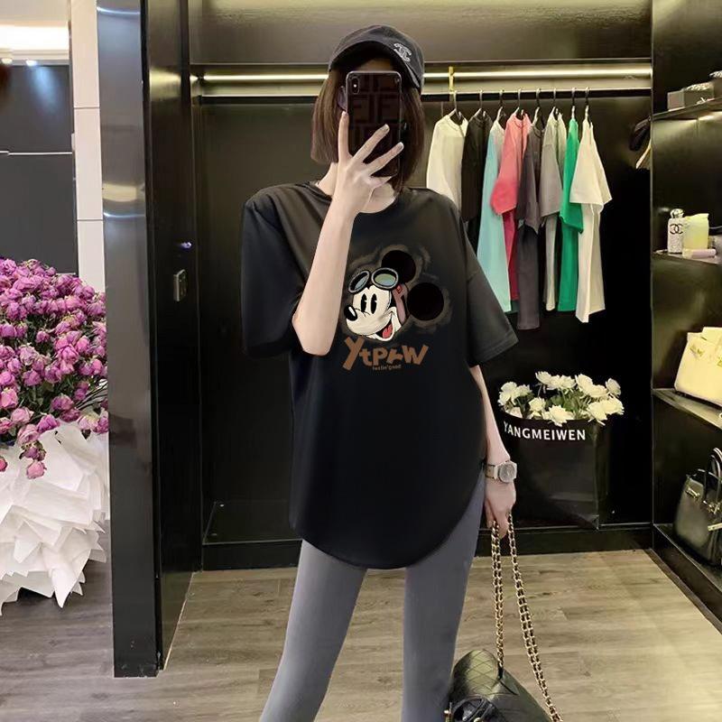 Butt Cover Top Loose Black Cotton Round Neck Short-sleeved T-shirt for Women In Summer Curved Hem Slit Medium Length