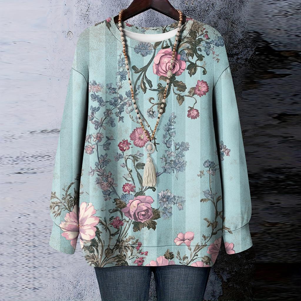 Женская футболка с цветочным принтом, круглым вырезом и длинными рукавами, свитшот