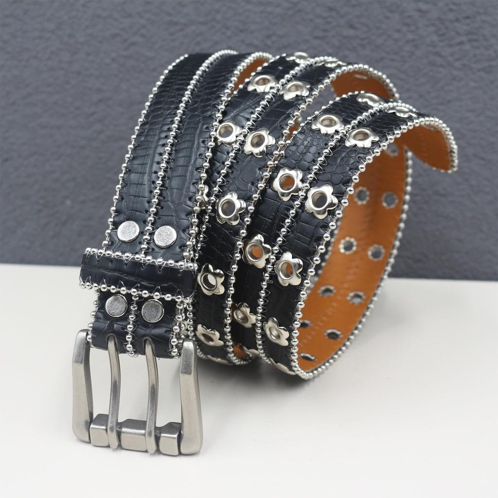 Men's and Women's Belts European and American Punk Style Flowers Rivets Air-eye Wide Belt Hollow Trendy Personalized Decoration