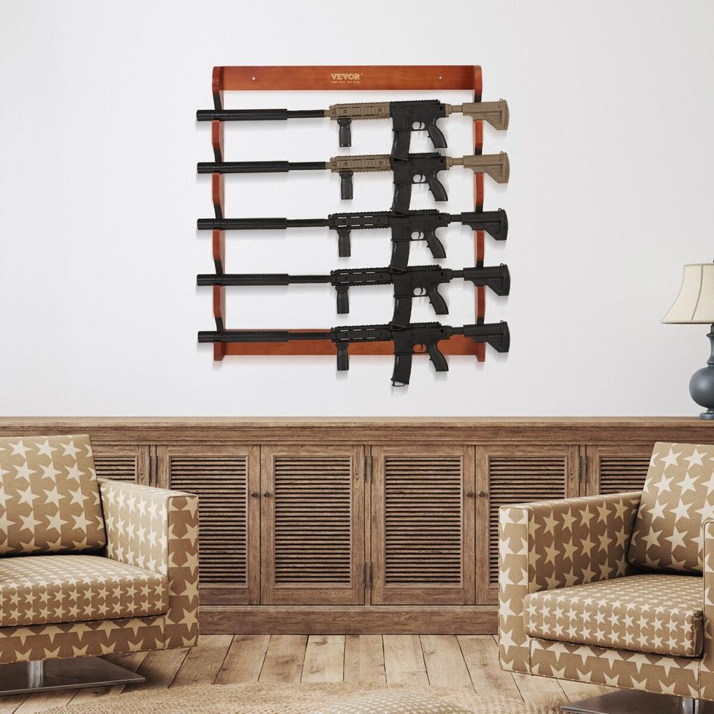 Gun Rack 5-Slot Wood Gun Rack Wall Mount Gun Display Rack holds 5 Rifles