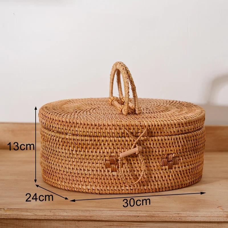 Handwoven Rattan Storage Box with Lid Tea Food Container Kongfu Tea Set Bread Fruit Basket with Lid Puer Tea Bag Organizer
